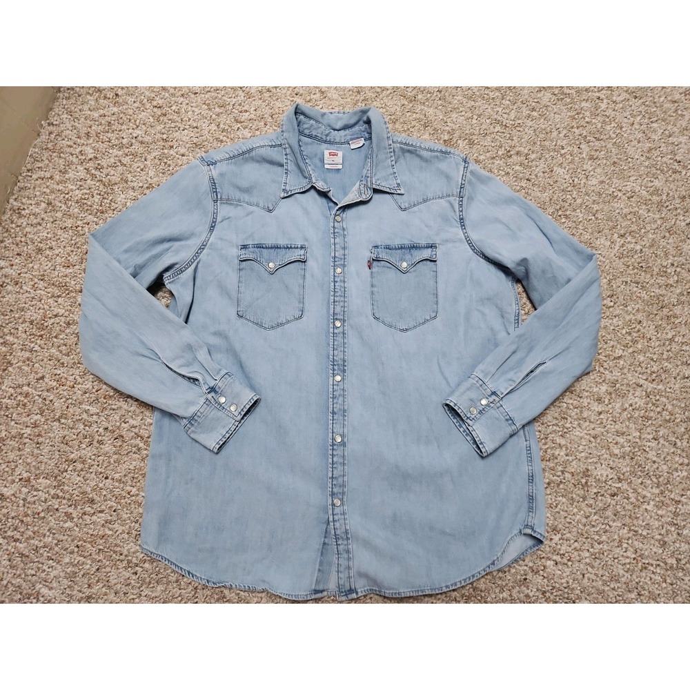 Levis Mens XL Pearl Snap Western Shirt Light Wash Denim Cowboy Rodeo Button Up